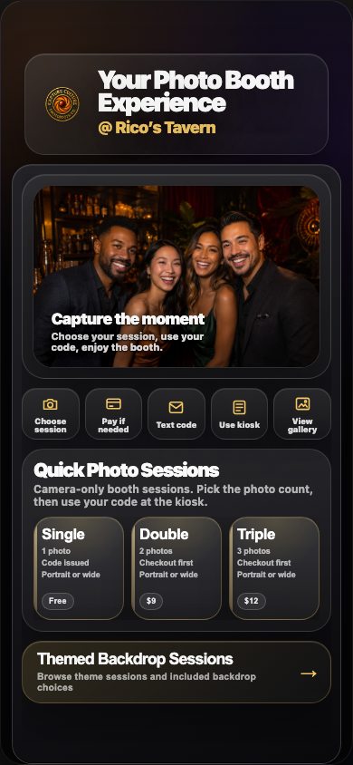 Guest phone home screen with quick photo sessions and themed backdrop sessions