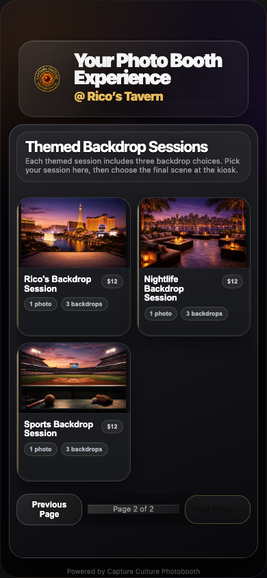 Guest phone themed sessions screen with venue nightlife and sports backdrop sessions